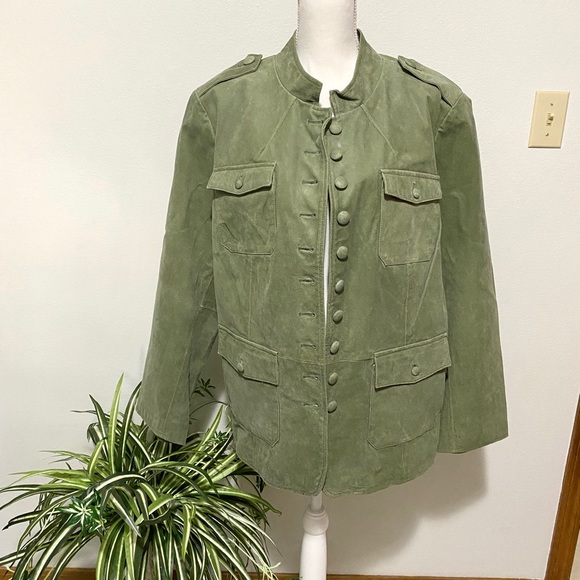 Plus Size 2X Suede Leather Jacket Olive Green Button Up Pockets EUC - Picture 14 of 16